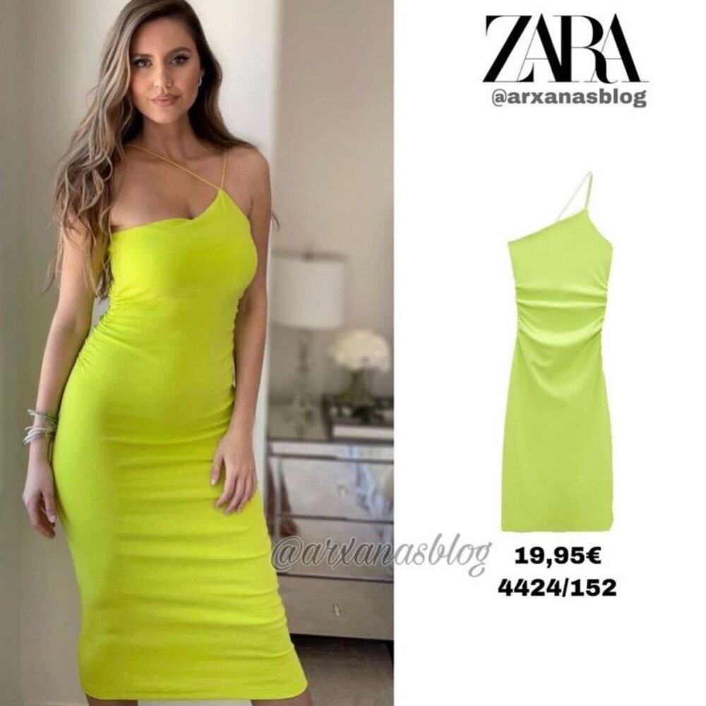 Zara NWT Lime Green Asymmetric Bodycon Midi Dress Chic‎ Glam